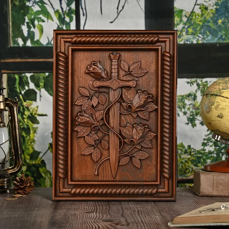Vintage Solid Wood Carved Rose and Sword Wall Photo Frame Home Living Decoration Ornaments - view 4