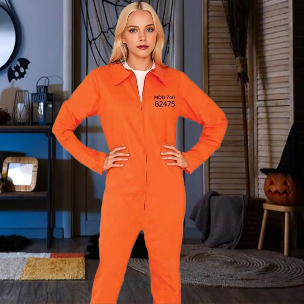Halloween Prisoner Cosplay Jumpsuit With Manacle Halloween Unisex Role Play Outfit Lapel Zipper Festivals Parties Shows Costume