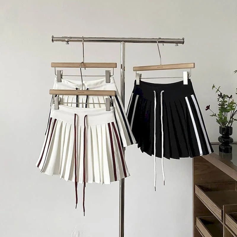 

Pleated Skirts Sporty Sexy Contrast Color Striped Elastic Waist A-line Summer Vintage Streetwear Korean Popular Women's Clothes