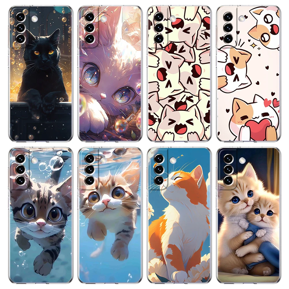 Cartoon Cat Case for Samsung Galaxy S24 S23 S22 S20 S21 FE Ultra S24 S23 S10 S10E S9 S8 Plus 5G Transparent Phone Shell Capa Bag