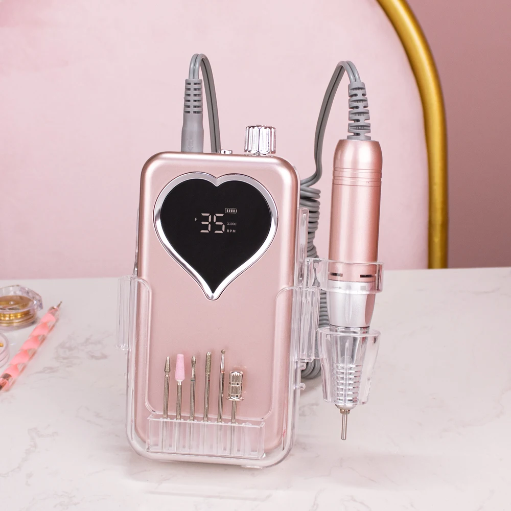 Nail Drill Machine 35000 RPM Portable Electric Nail File Rechargeable Manicure Set Light Rose Gold with Portable Base Cordless