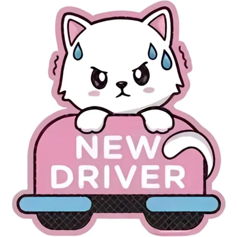 New Driver Cartoon Cat Glossy Vinyl Sticker, Self-Adhesive Decal for Car Bumper, Motorcycle & Camper Van Decor