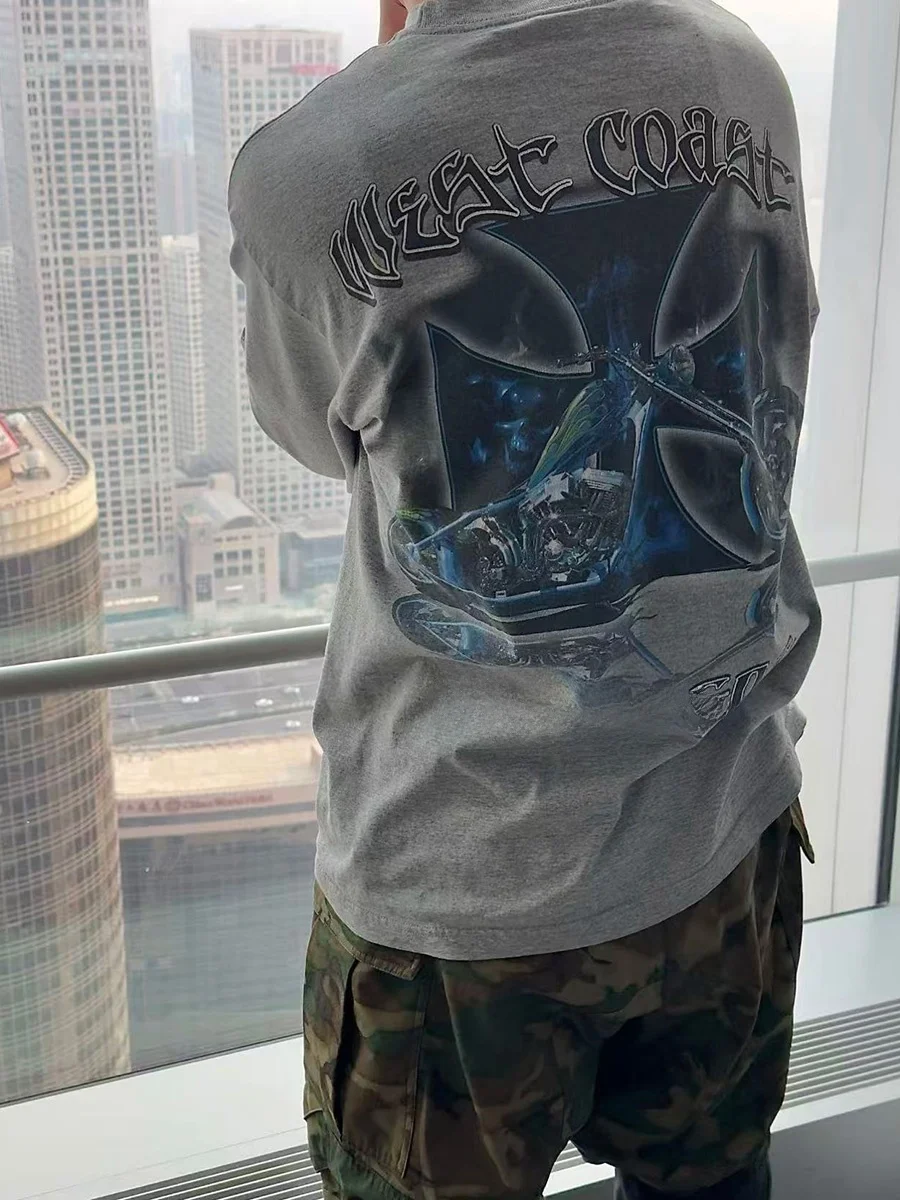 Retro High Street Weat Coast Cross Smoke Motorcycle Print Vintage Loose Long Sleeve Men's T-Shirt Cotton Casual Style Breathable