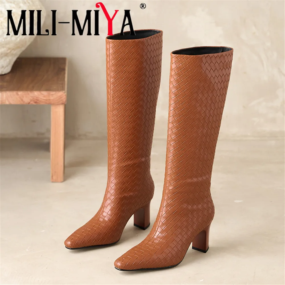 

MILI-MIYA Women's Microfibre Knit Knee-High Boots with Pointed Toe Chunky Heel Wide Leg Opening and Solid Colour Casual Footwear