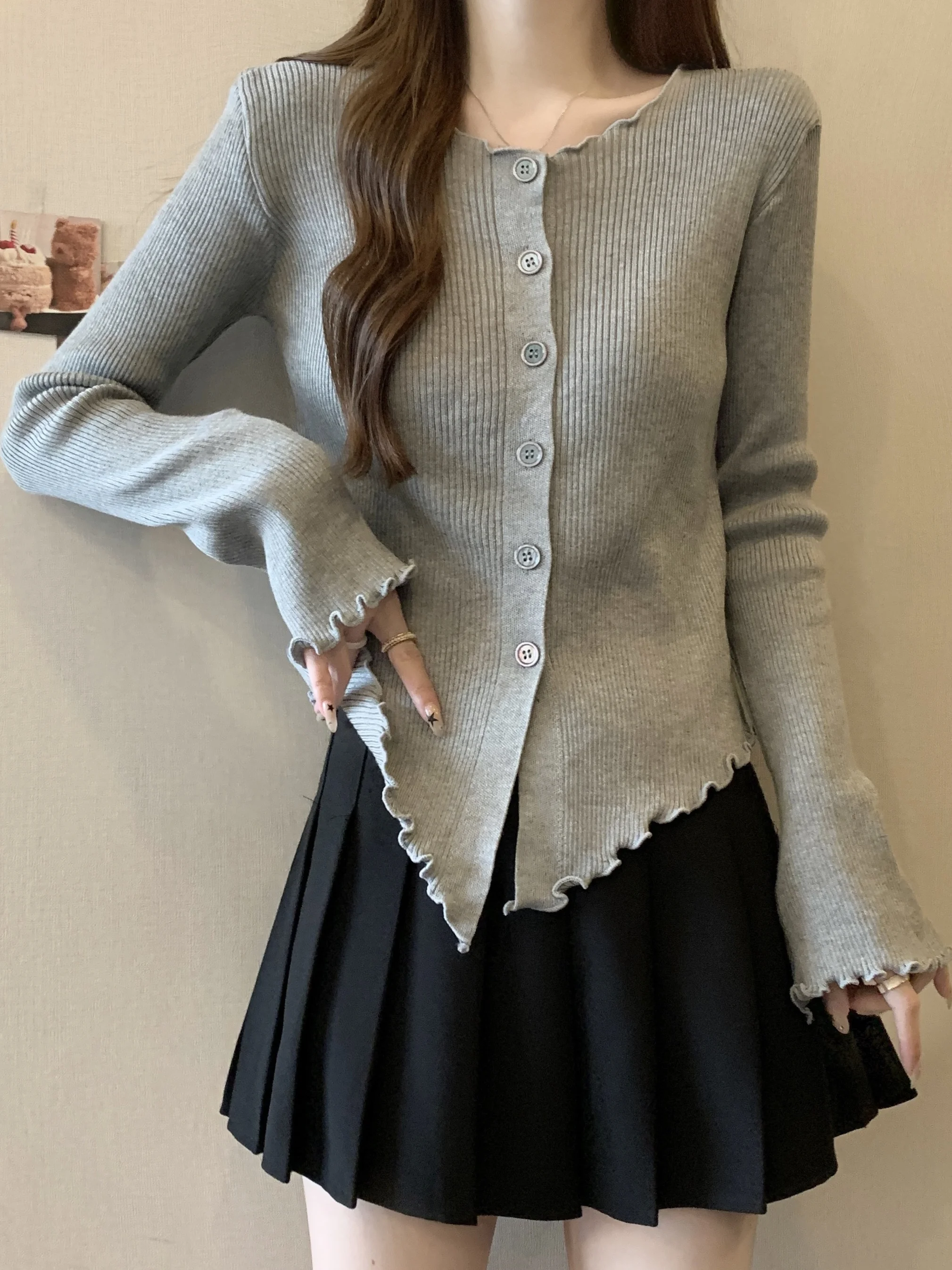 

Женская асимметричная вязаная базовая футболка больших размеров, облегающая, с высокой талией, длинными рукавами, укороченная, из полиэстера