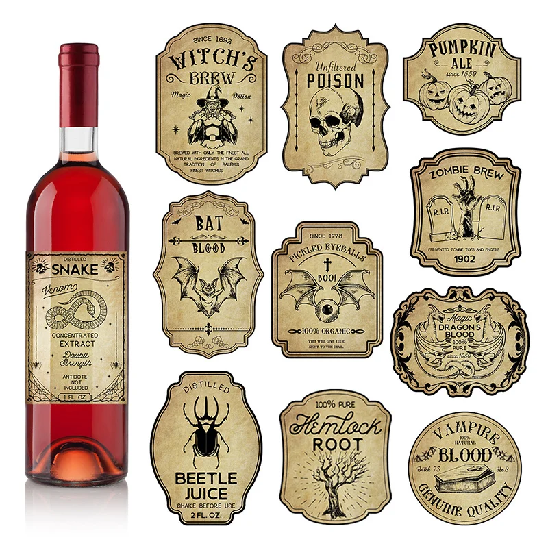 12pcs Set Halloween Retro Horror Gothic Wine Bottle Labels Sticker Vintage Witch Graffiti Potion Decals Halloween Party Decor