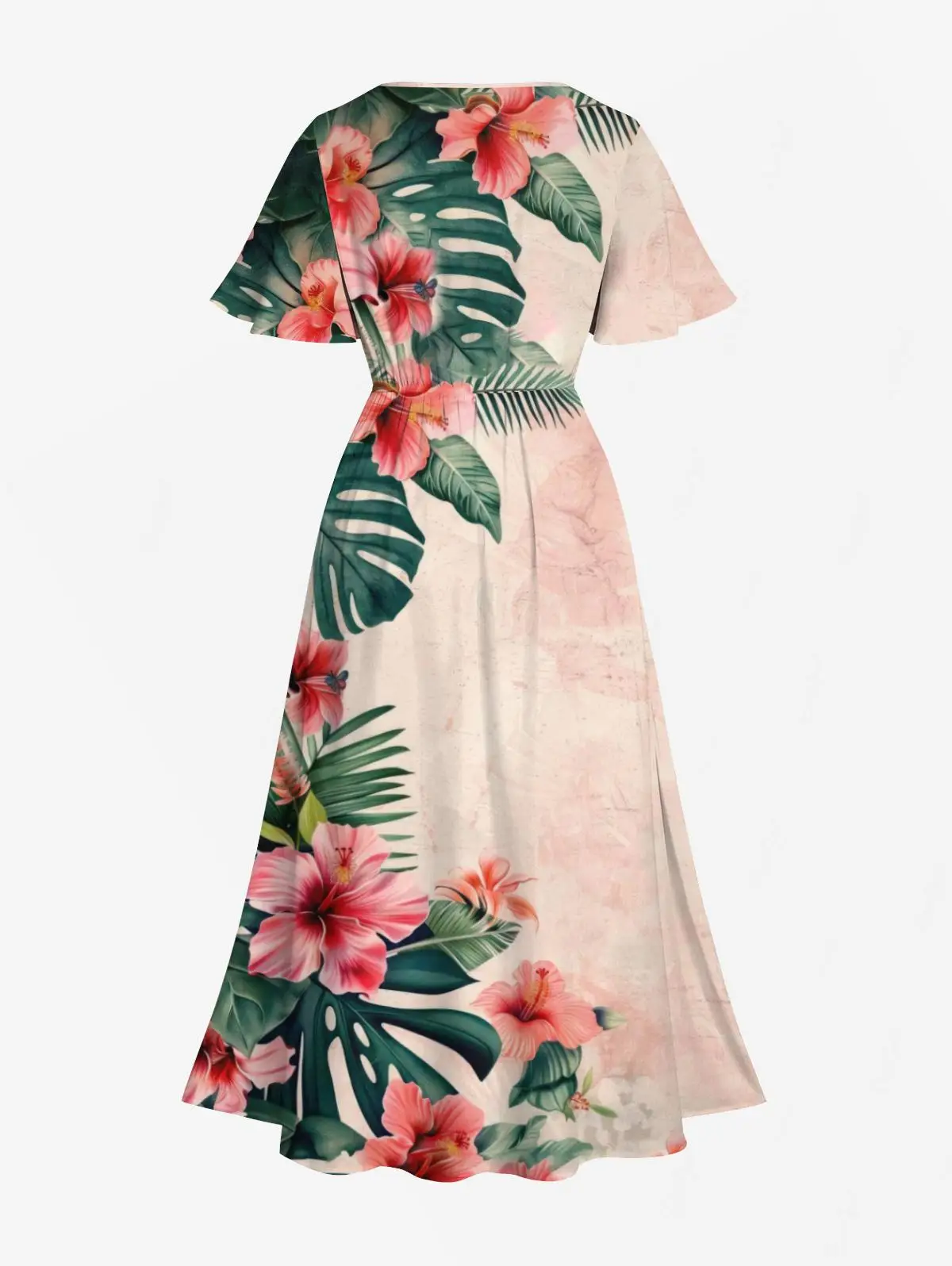 Camisa havaiana com estampa de flores e folhas tropicais de casal combinando Rosegal ou vestido midi plus size dividido em linha A