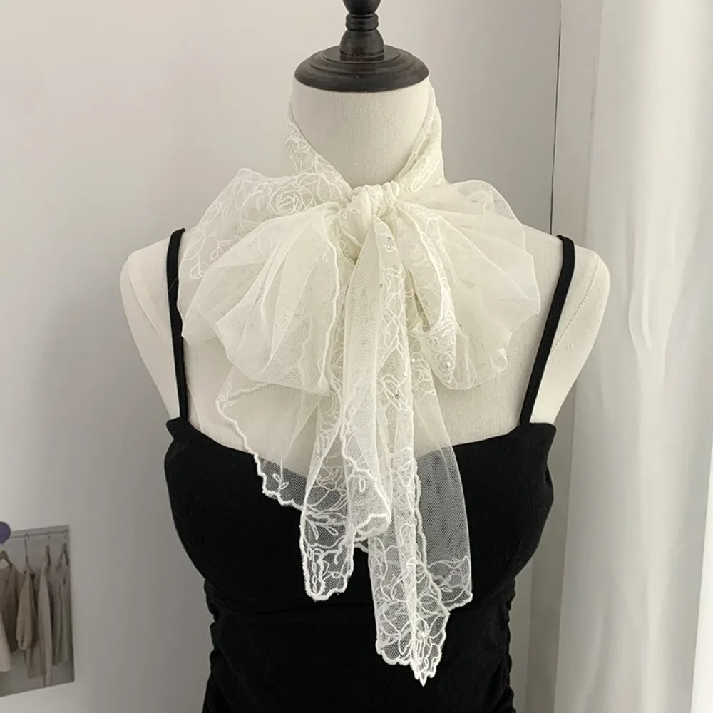 

Fashion Embroidered Flower Long Scarf Pearl Foreign Style Lace Silk Scarf Diamond-encrusted Decorative Shawl