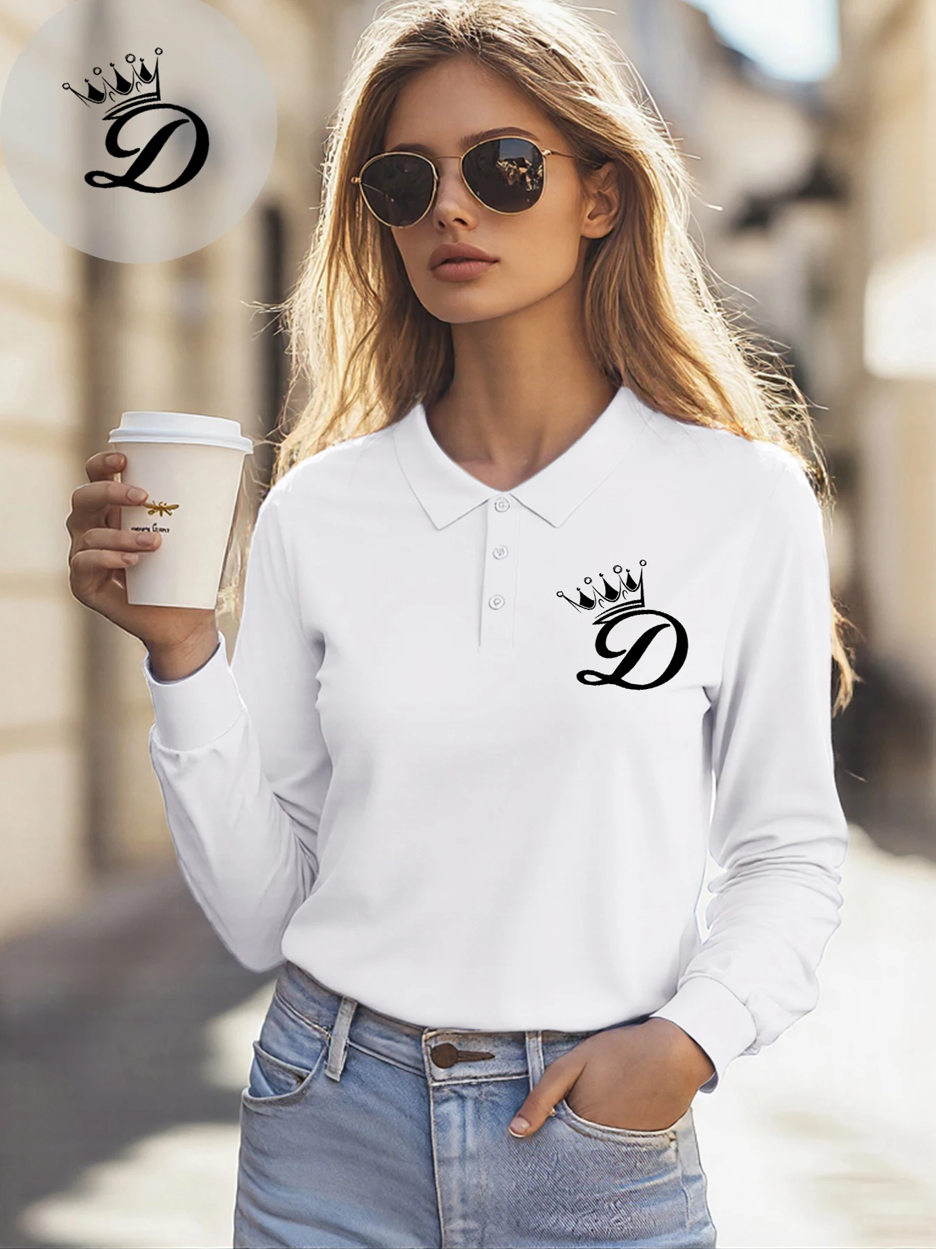 Crown Letter D Simple Design Polo Shirts Woman All-Match Business T Shirt Culture Lapel Long Sleeve Autumn Hip Hop Sportswear