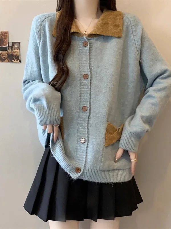 

Синий вязаный кардиган женский свободного кроя, длинный свитер с узлом, верхняя одежда в корейском стиле, осень-зима, большие размеры