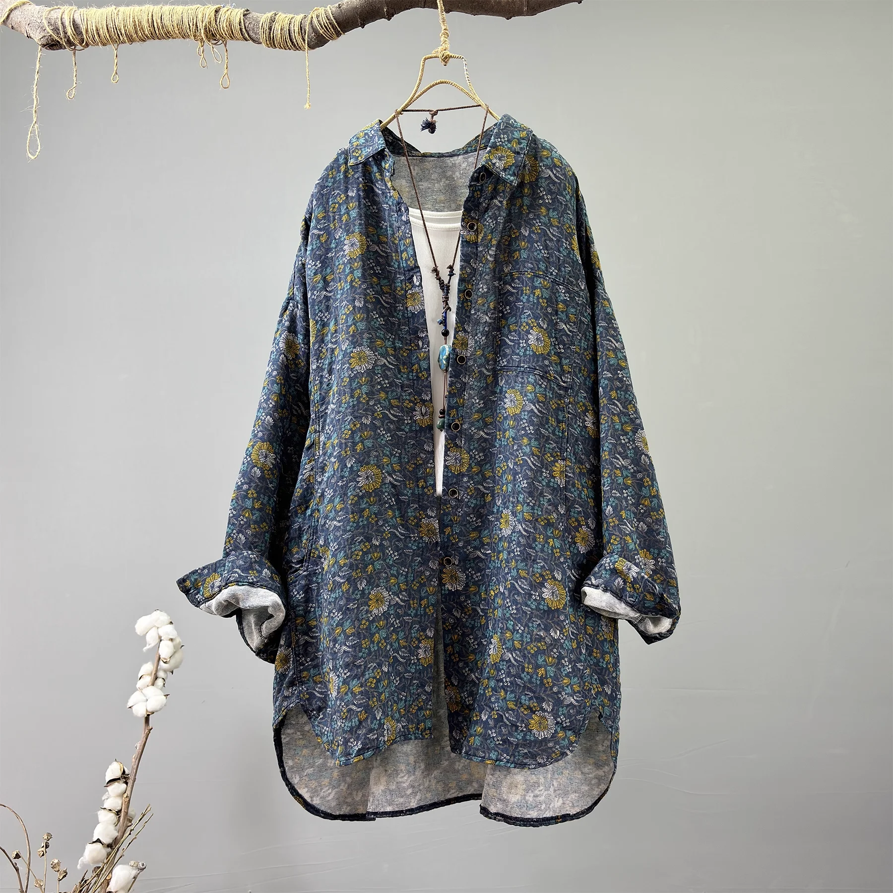 

Enianechu Bust 122cm Middle Aged Women Clothes Pure Cotton Yarn Print Oversized Shirts and Blouses for Women Autumn Outwear