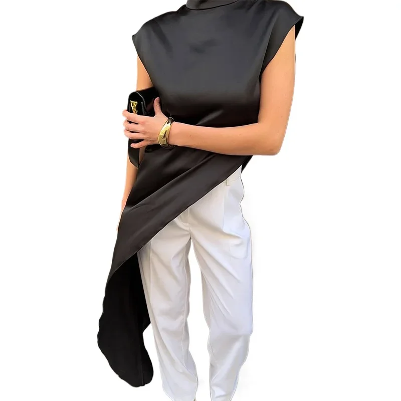 Trendix femmes solide mode robe en Satin été col roulé ample décontracté Maxi robes Femme haute rue élégante robe de soirée Femme