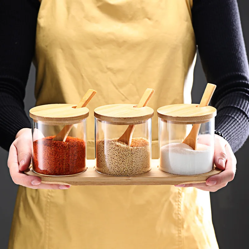 3pcs Glass Canister Set Bamboo Lids Tray Spoons 10oz Clear Jars Coffee Bar Kitchen Storage Salt Sugar Coffee Beans Spices