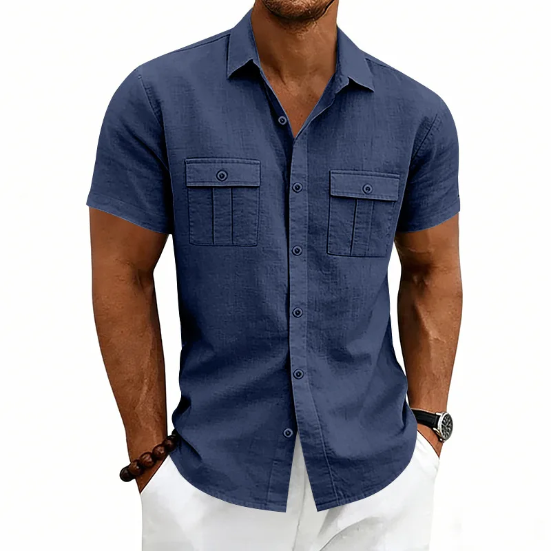 

Men's Linen Blend Short Sleeve Button Down Shirt with Chest Pockets