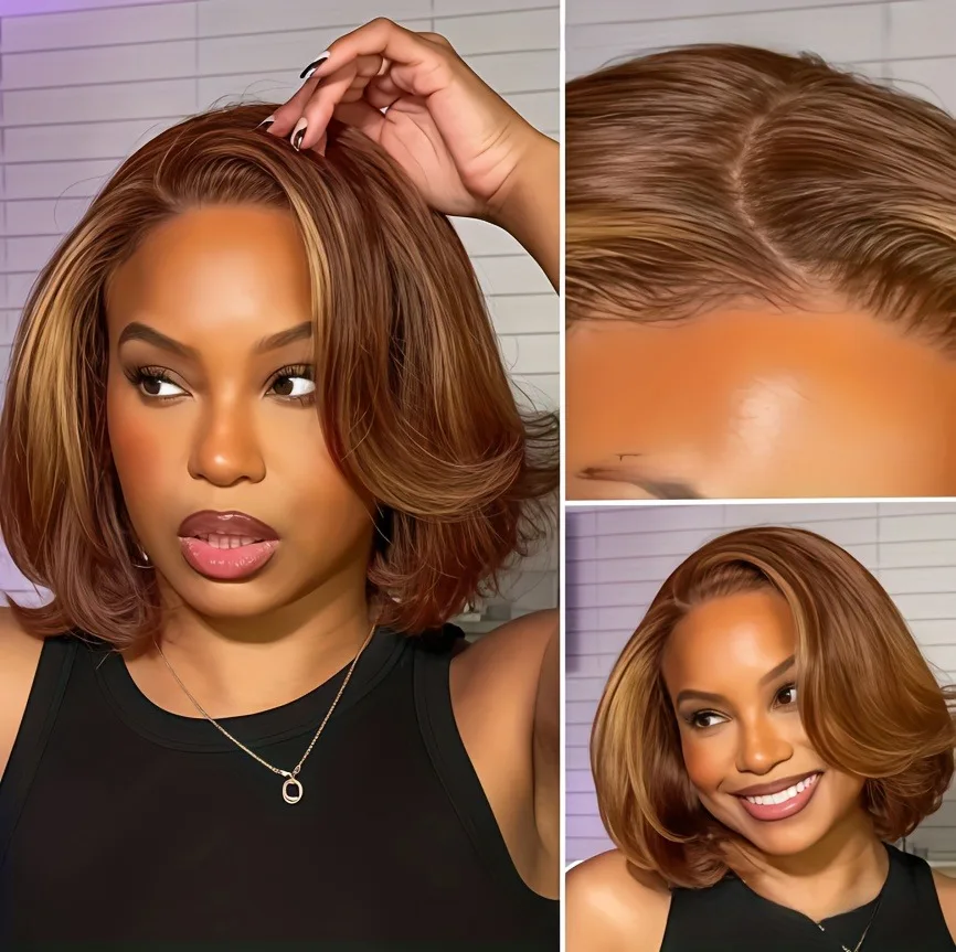 Straight Ombre Lace Front Wig Human Hair 18inch 4/27 Highlight Wig Human Hair Pre-plucked, 13x4 Straight Honey Blonde Mix Brown image 6