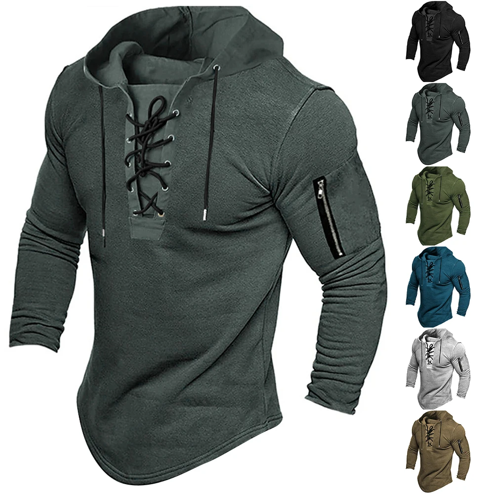 Men's Sports Tops Hooded Sweatshirt Autumn Winter Solid Color Long-Sleeved Lace Up Hoodies For Male Streetwear Fashion Outwear