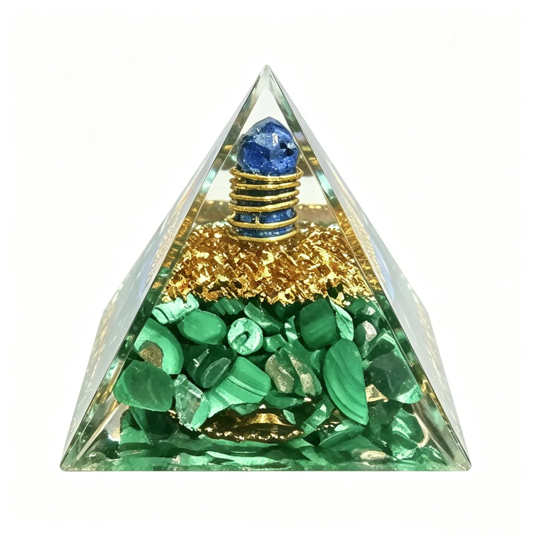 1pc Orgone Pyramid Malachite with Lapis Lazuli Sphere Copper Coil Energy Generator Orgonite Pyramid for Reiki Healing Home Decor