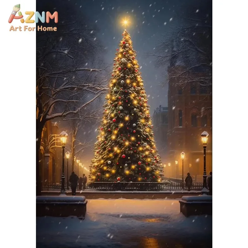 Single Christmas Tree Canvas Wall Art Vintage Winter Xmas Tree With Lights Snowy Scene Wall Prints Living Room Bedroom Home De