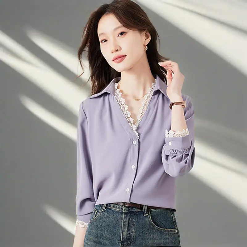 

2025 Fashion Lace Stitching Women's Chiffon Shirts Elegant Purple Tops Casual Ladies Outwear White Blouses Basic Clothing
