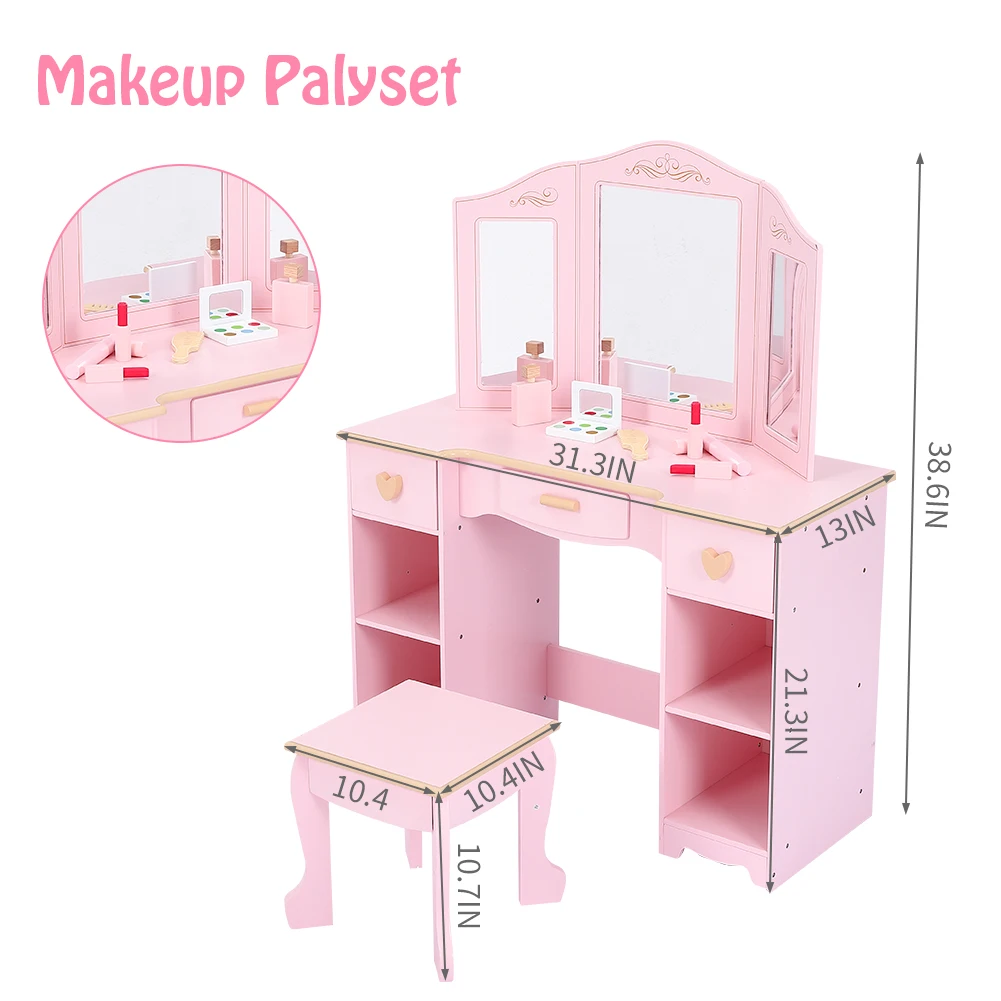 Kids Vanity, Pretend Play Vanity Set with Stool and Tri-Fold Mirror, Little Girl Makeup Desk,Toddler Dressing Table with Storage