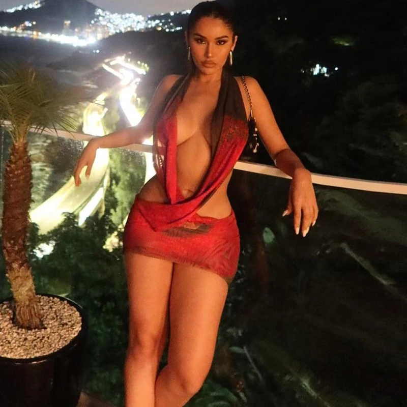 Sexy Halter Backless Cut Out Mini Dress Women Sleevless Mesh Printed Sundress 2023 Summer Beach Vacation Fairy Y2K Clothes