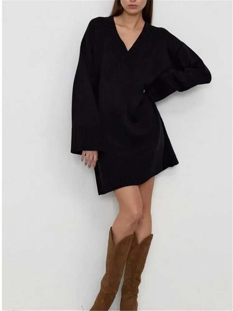 Simple Stripe Thread Knit Short Dress Female Fashion Medium Length Solid Color High Neck Warm Loose Sweater For Women