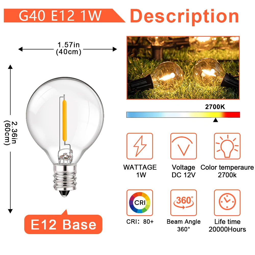 12 Volt Low Voltage G40 Led Bulb 1W DC12V E12 Base Glass Plastic Replacement Light Bulb RV Boat Cabin Post Light Off Grid System