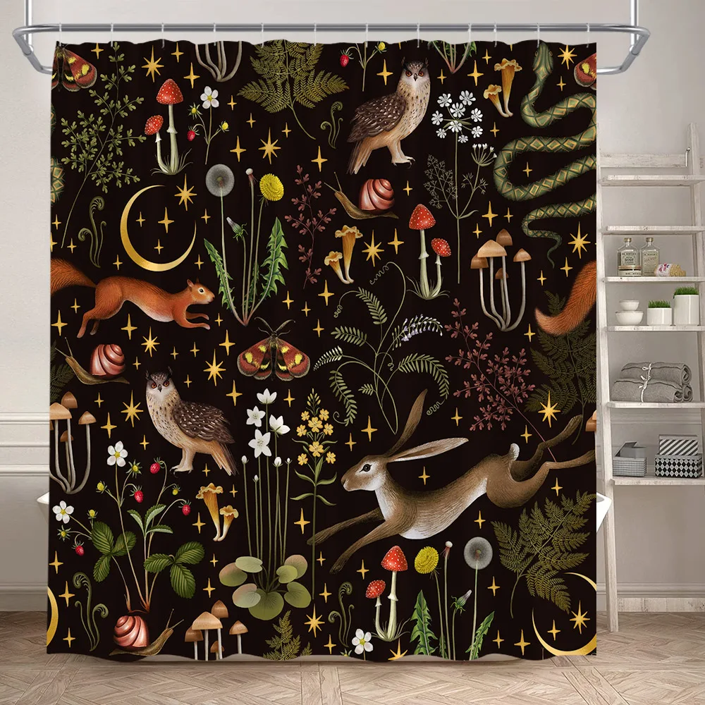 Rustic Mushroom Shower Curtain Floral Plant Leaves Moth Dragonfly Black Bathroom Curtains Polyester Fabric Home Decor with Hooks