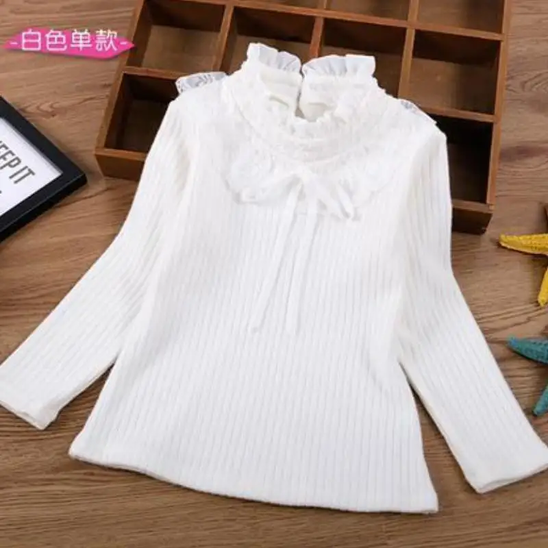 Girls Thick Knitted Sweater Autumn Winter New Item Girls Bow Lace Collar Long Sleeved T-Shirt Children's Sweater Base Shirt Tops