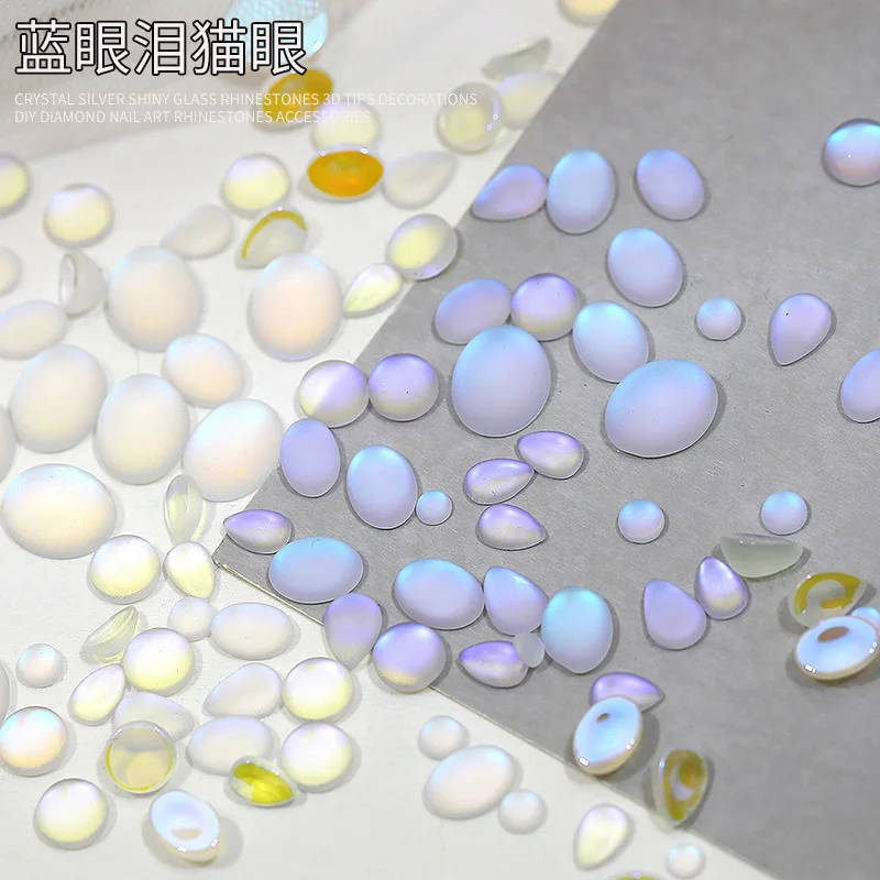50PCS Blue Purple Tear Cat Eye Matte Diamond Round Oval Drop Flatback Nail Art Rhinestones Decorations Manicure Charms Suppliers