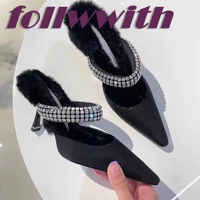 Plush Rhinestone Bordered Black Slippers Sexy High Heel Half Drag Pointed Toe  Muller 2024 Autumn New Arrival Women Shoes