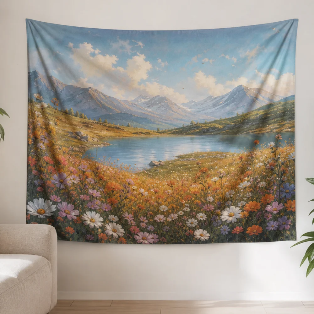 Snowy Mountain Lake Slope Wildflower Printed Tapestry 150X100CM Suitable for Living Room Fresh Healing Wall Background Cloth