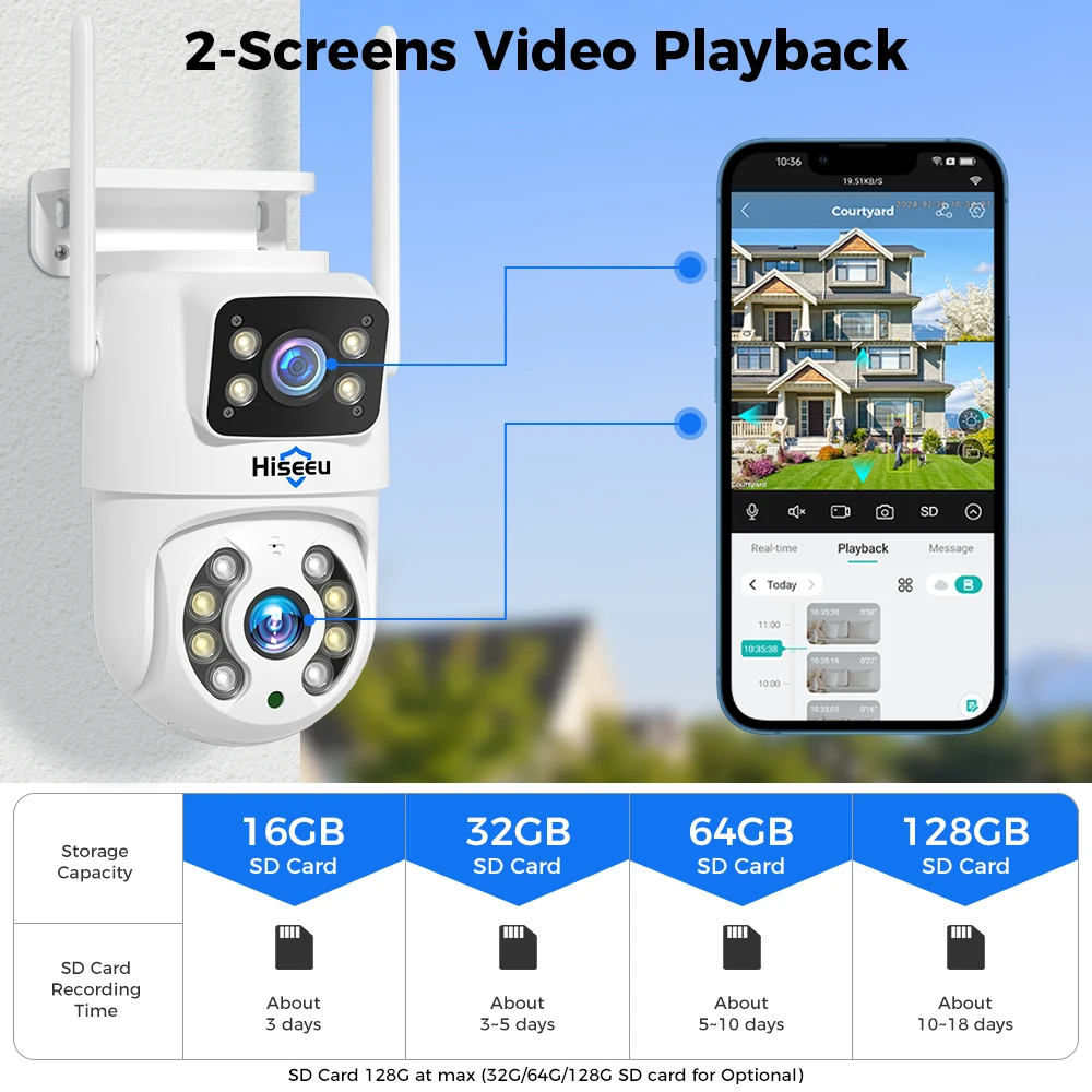 Hiseeu-Wireless Surveillance Camera, Dual Lens, 4X Digital Zoom, AI Human Detect, ONVIF, Outdoor Security PTZ IP Cameras, 4K, 8M