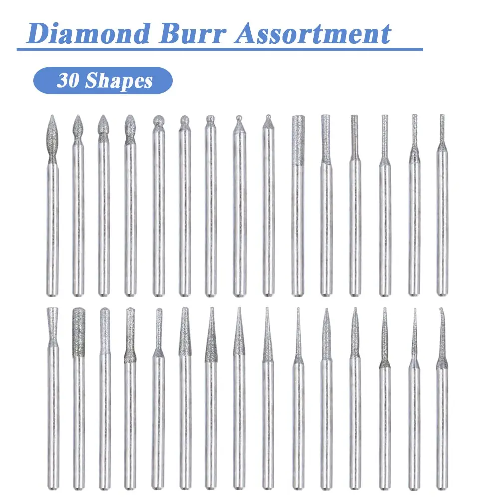 Diamond-Coated Grinding Burs Set 30pcs for Rotary Tools Ideal for Metal Wood and Manicure  2.35/3mm Shank