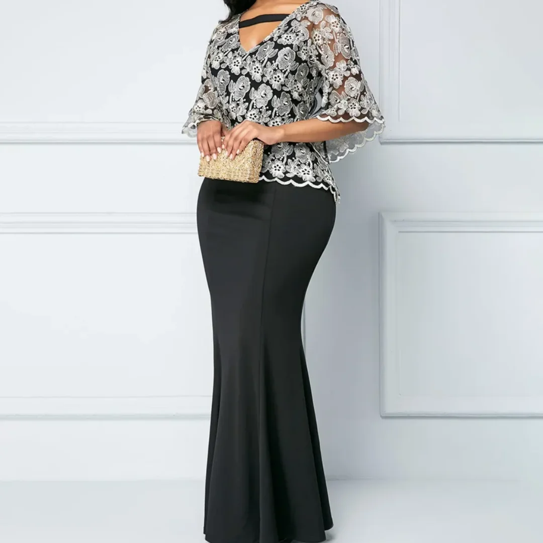 

Elegant Mermaid V Neck Wedding Guest Dress Floor Length Plus Size Evening Gowns Long Sleeves Lace Mother Of The Bride Dresses