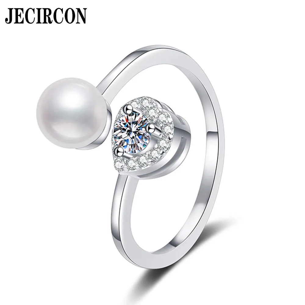 JECIRCON S925 Sterling Silver Moissanite Ring for Women Heart-shaped Natural Freshwater Pearl Adjustable Ring Jewelry Wholesale