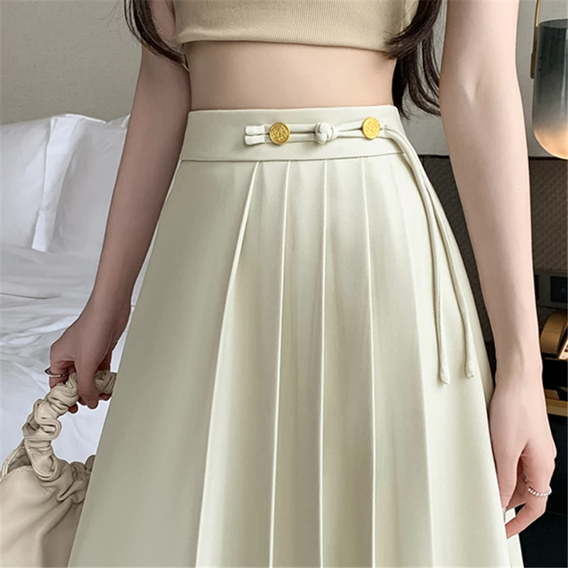 Seoulish Solid Color High Waist Women\'s Pleated Skirts Summer 2024 New Office Lady A-Line Mid Length Casual Skirts Female Spring