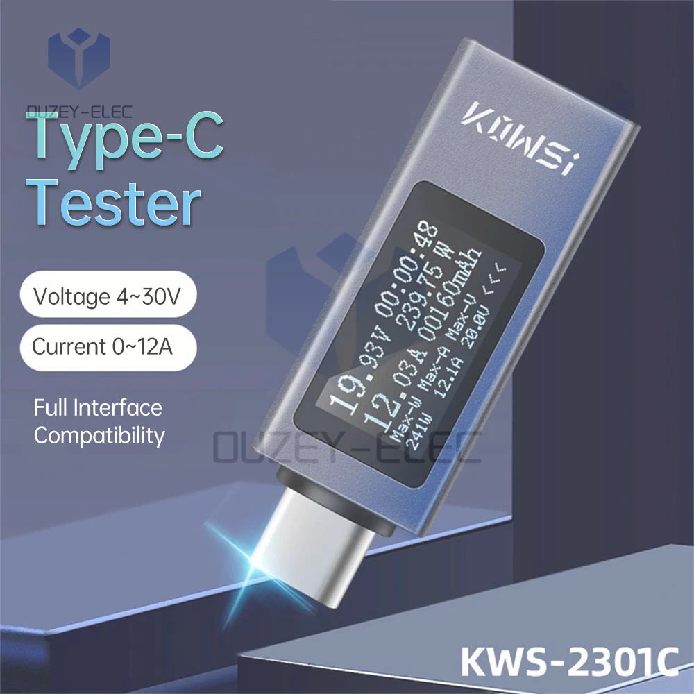 KWS-2301C tipo-C teléfono celular probador de carga multifunción pantalla digital DC voltaje amperímetro DC 4-30V 0-12a medidor de potencia