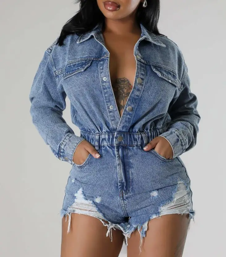 

High stretch ripped tassel loose wash denim long sleeved shorts jumpsuit women's clothing