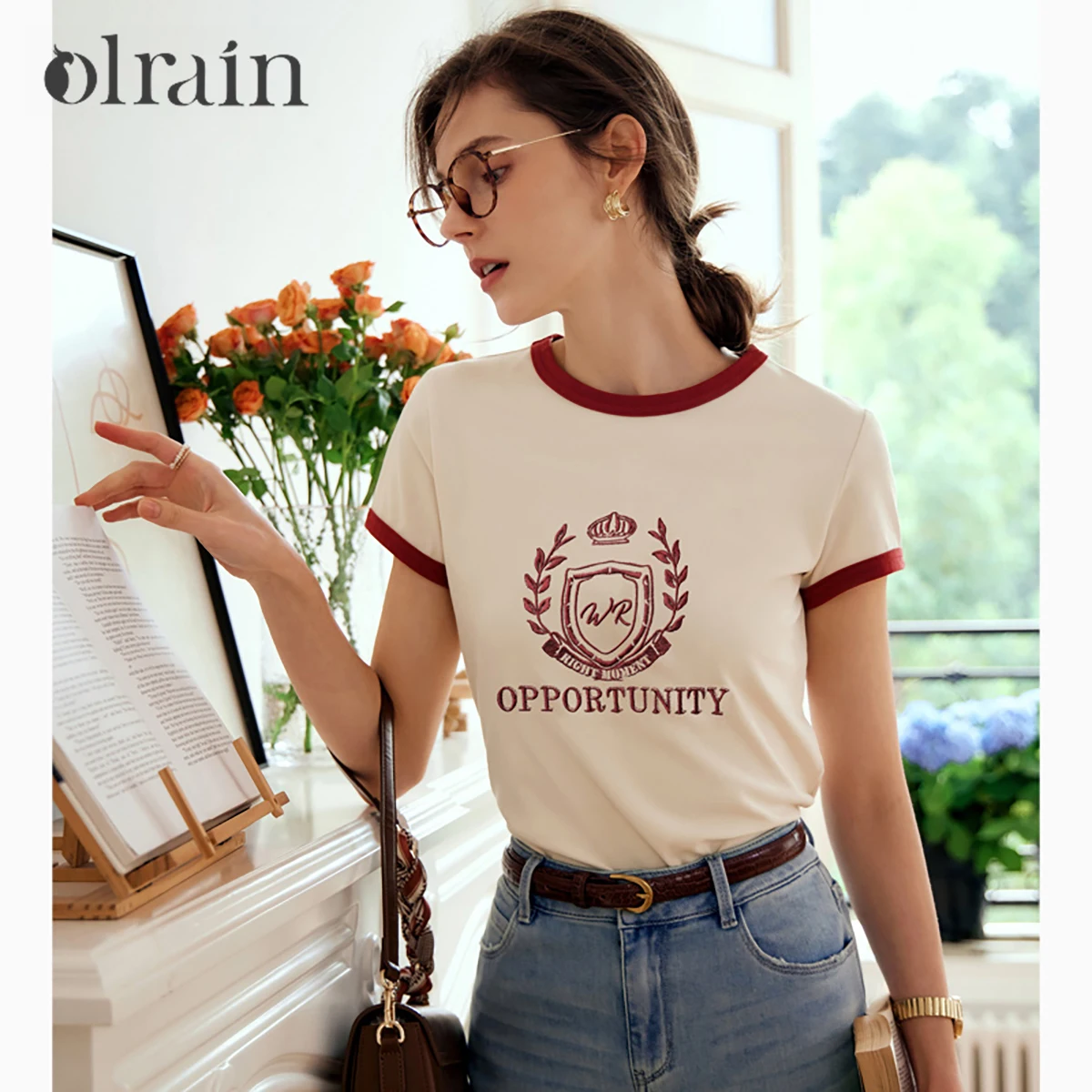 OLrain Women's Vintage Short Sleeve T-Shirt 2026 Spring New Contrast Crew Neck Letter Embroidery Office Casual Top O24XT82950