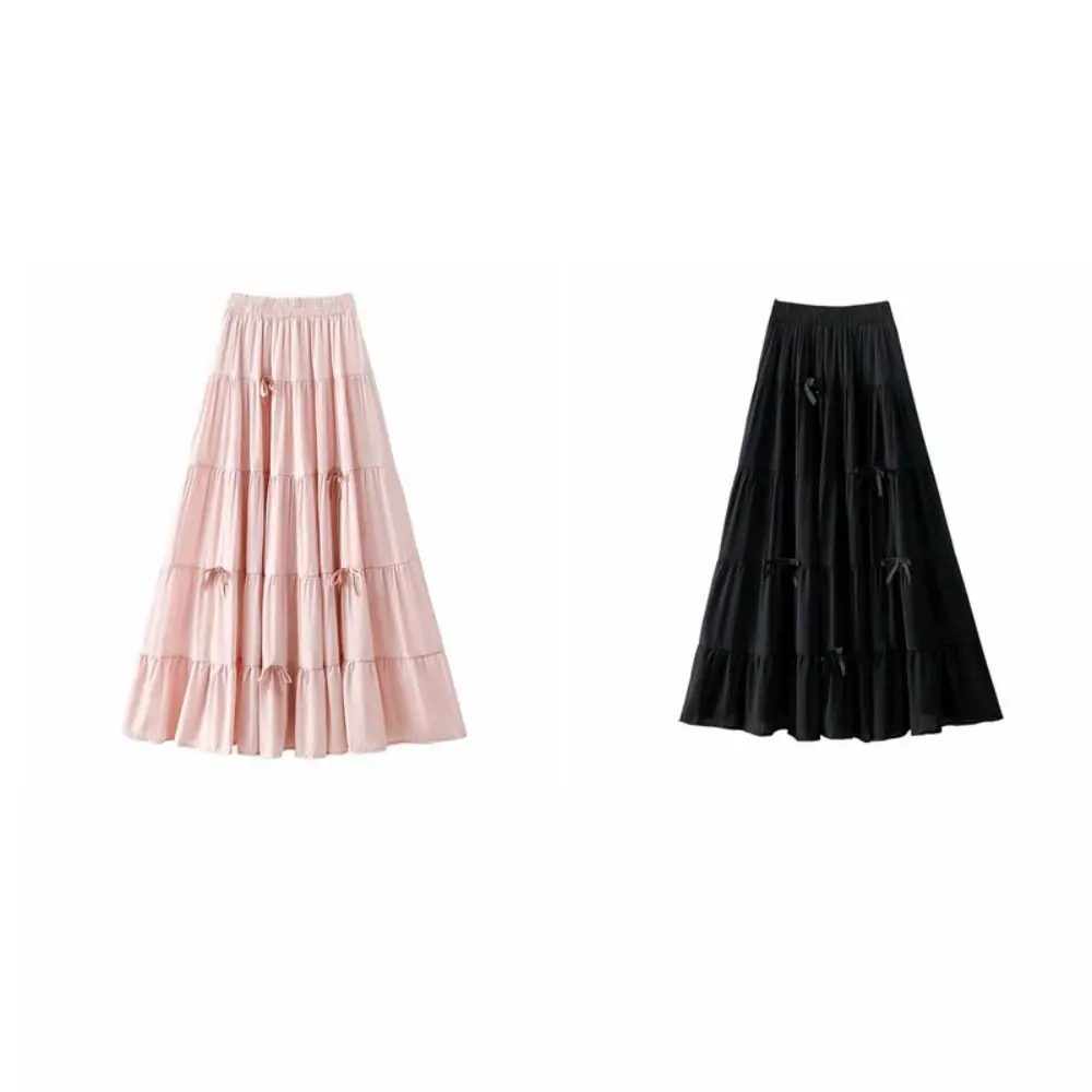 Bowknot Tiered Midi Skirt Hight Waist Pleated Long Cake A-line Skirts Chic Korea Style Seven Point Long Dress Spring Summer