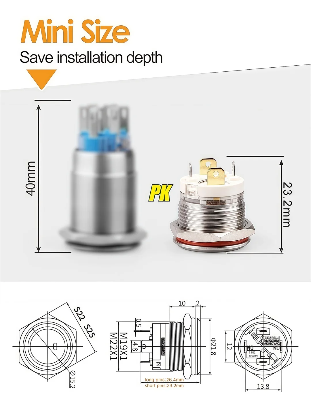 LANBOO 19mm/22mm Metall-Drucktastenschalter 16A Hochstrom mit LED, verriegelnd oder kurzzeitig, 1NO 4-polig, MINI-Schalter – Detail 8