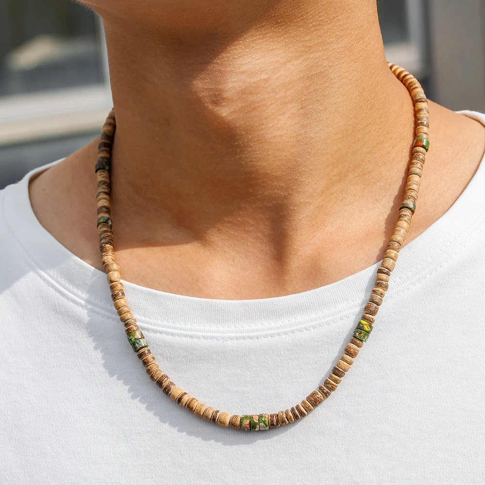 New Surfer Natural Coconut Husk Necklace For Men Handmade Wooden Beads Short Choker Collar Homme Gift For Him Accesorios Hombre