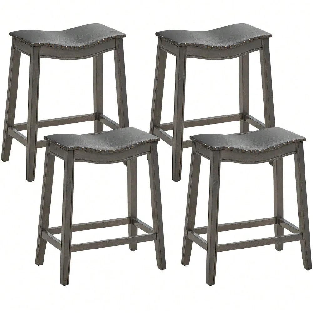 

Set of 4 Saddle Bar Stools Counter Height Kitchen Chairs w/ Rubber Wood Legs