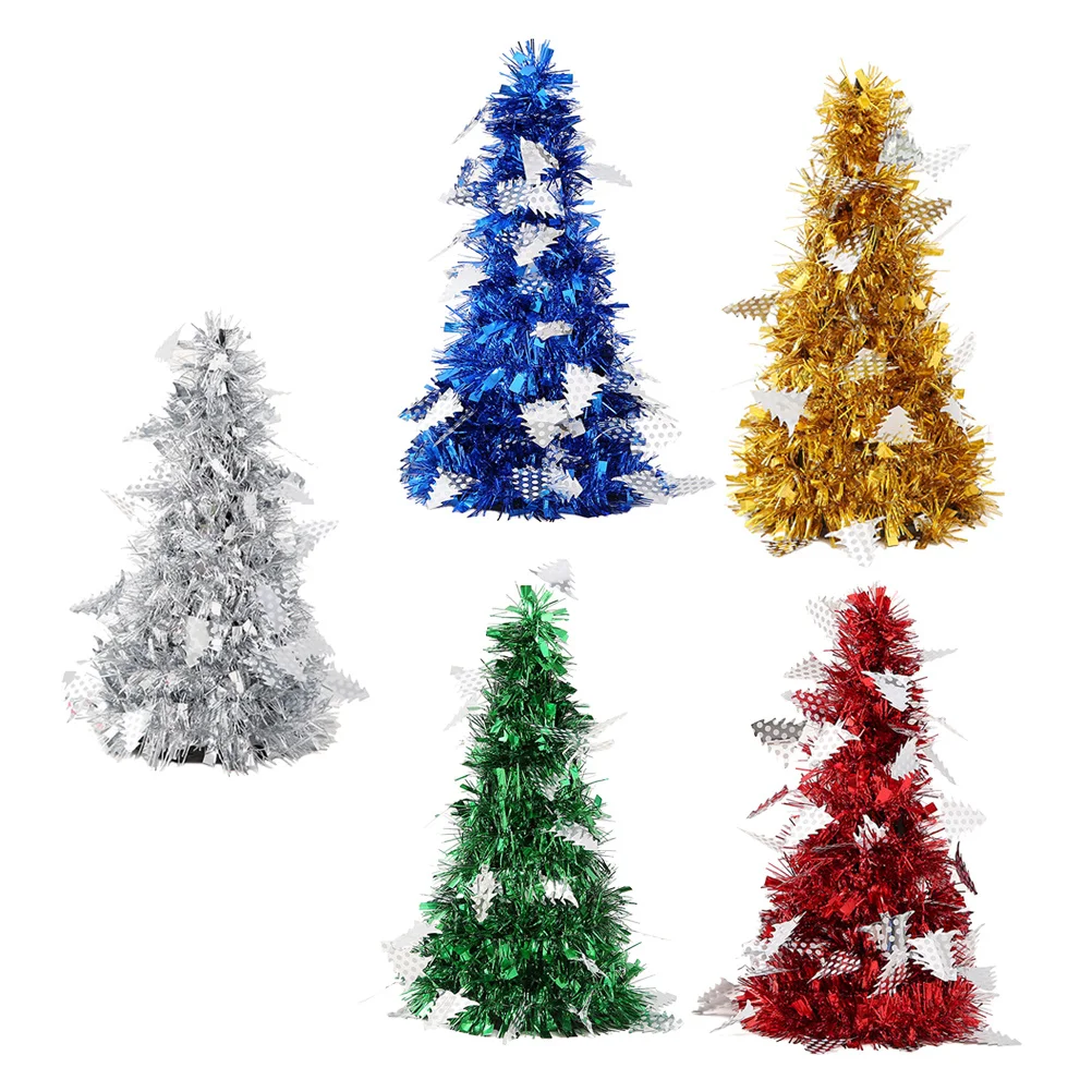 

5Pcs Mini Christmas Tree Shiny Metallic Ornament Party Decoration Desktop Adornment with Pendants for Home Office
