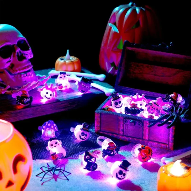 50PCS Children Halloween Luminous Rings Creative Cute Pumpkin Ghost Eye Rings Halloween DIY Decorations  LED Flash Finger Ring