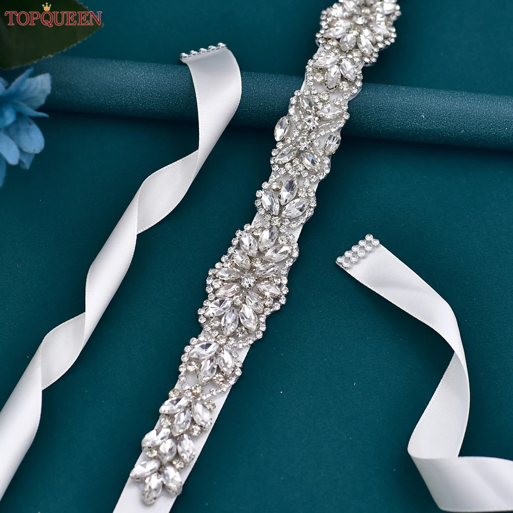 TOPQUEE-Cinturón de lujo para novia, cinturón de satén de lujo con diamantes de imitación, accesorios de boda, cinturón brillante S75