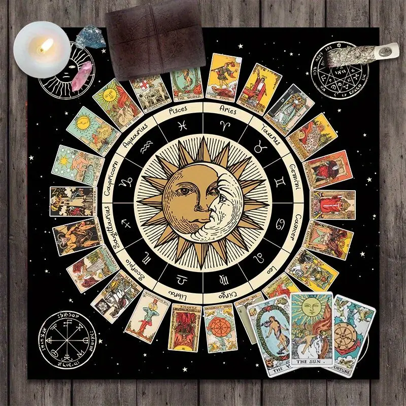 VIKAMA Sun Moon Zodiac Tarot Tablecloth Mysterious Divination Altar Cloth Ritual Table Mat Background Cloth