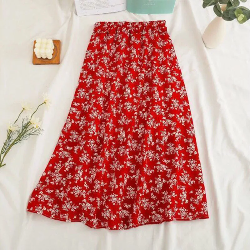 2026 New Korean Retro Floral Midi Skirts for Women Spring Summer Elegant High Waist Casual Mid Length Women's Skirts