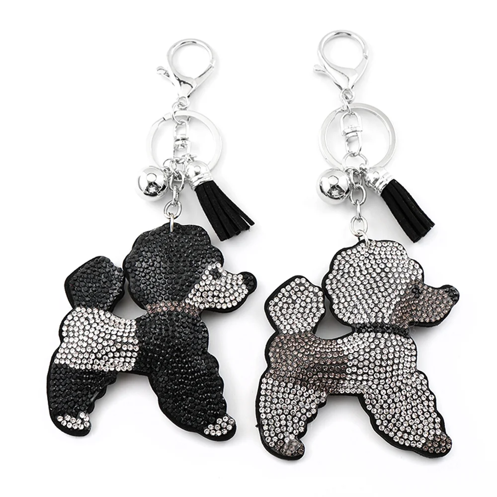 Pudel Teddy Hund Schlüsselanhänger Damen Herren Voller Strass Kristall Schwarz Quaste Kawaii Welpe Tier Geldbörse Tasche Charm Schlüsselanhänger Schmuck